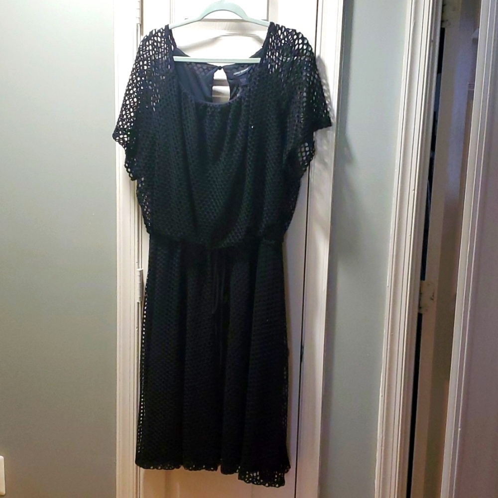 Black knit dress with waist drawstring